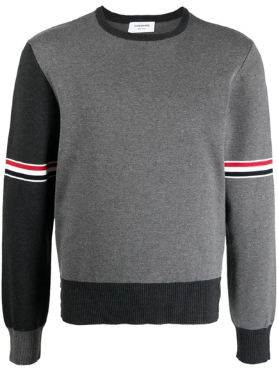 Shop Thom Browne Men Fun Mix Striped Arm Crewneck Paneled Sweater In 982 Tonal Grey