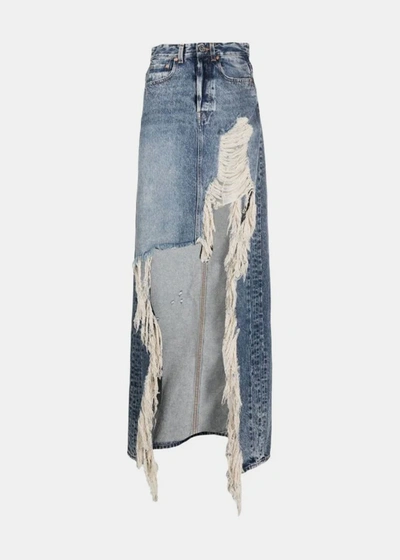 Shop Vetements Blue Destroyed Denim Maxi Skirt