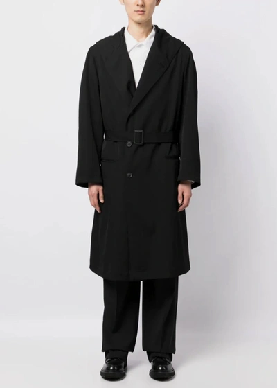 Shop Yohji Yamamoto Black Hooded Trench Coat
