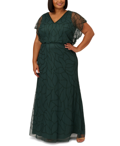 Shop Adrianna Papell Plus Size Beaded Blouson Dolman-sleeve Gown In Dusty Emerald