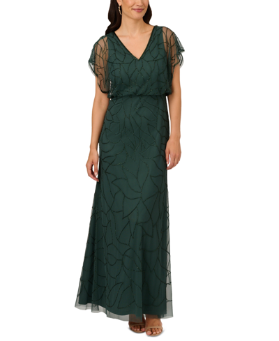 Shop Adrianna Papell Petite Beaded Blouson Dolman-sleeve Gown In Dusty Emerald
