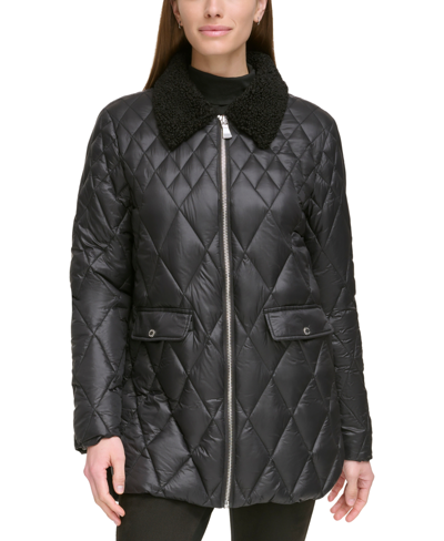 Shop Calvin Klein Women's Faux-fur-collar Quilted Coat In Black
