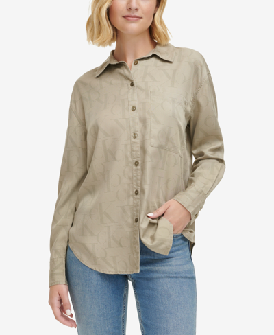 Shop Calvin Klein Jeans Est.1978 Women's Logo-print Boyfriend-fit Chambray Shirt In Khaki Green