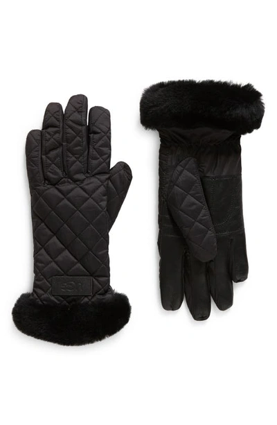 Shop Ugg Faux Fur Trim Quilted Gloves In Black