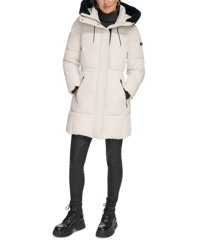 Shop Dkny Women's Faux-fur-trim Hooded Anorak Puffer Coat In Pearl