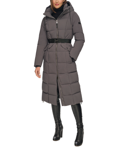 Shop Dkny Womens Maxi Belted Hooded Puffer Coat In Titan