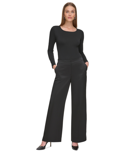 Shop Dkny Women's Satin Mid-rise Wide-leg Pants In Black