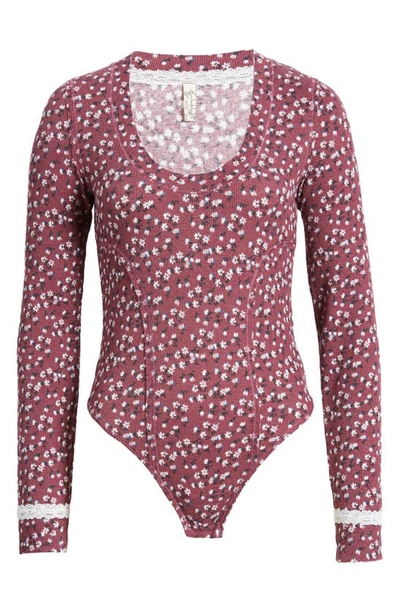 Shop Free People Sugar Dreams Floral Thermal Knit Bodysuit In Wine Combo