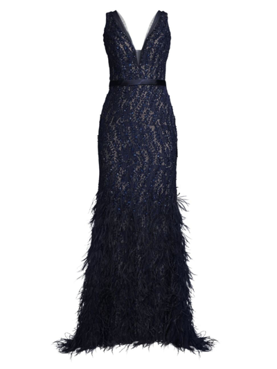 Shop Basix Women's Feather Embellished Plunge V-neck Gown In Navy