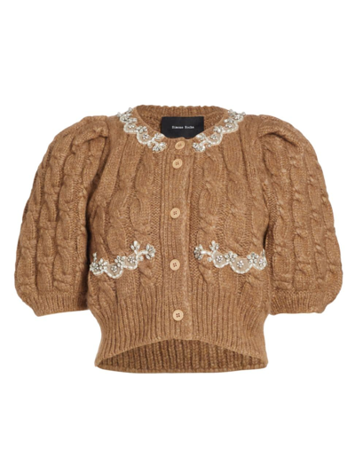 Shop Simone Rocha Women's Embroidered Alpaca-blend Cable-knit Crop Cardigan In Camel Pearl