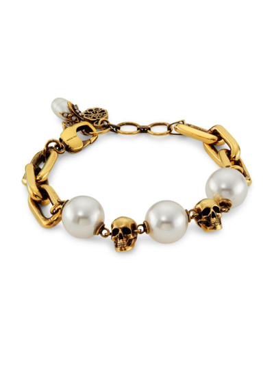 Shop Alexander Mcqueen Women's Goldtone & Imitation Pearl Skull Chain Bracelet In Navy Red