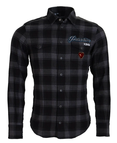 Shop Dolce & Gabbana Black Gray Check Men Long Sleeves Shirt
