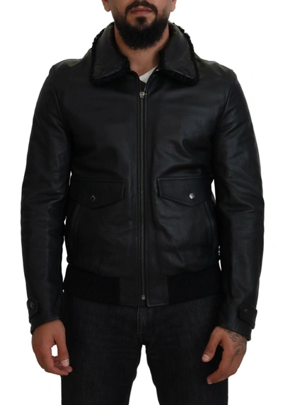 Shop Dolce & Gabbana Black Lamb Leather Collared Men Coat Jacket