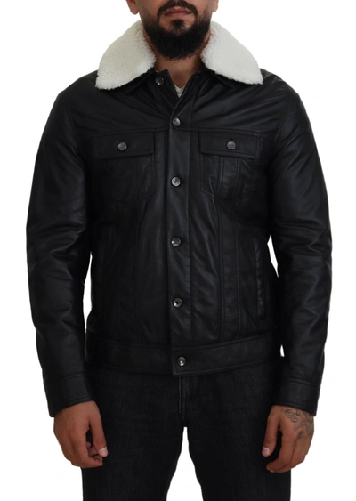 Shop Dolce & Gabbana Black Lamb Leather Collared Men Coat Jacket