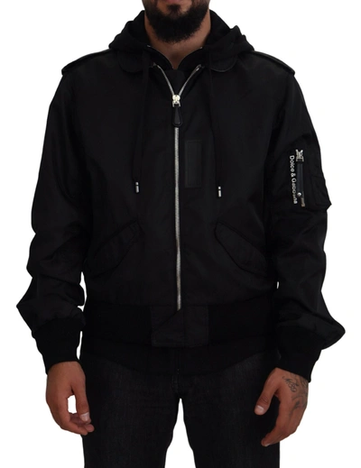 Shop Dolce & Gabbana Black Nylon Hooded Full Zip Men Coat Jacket
