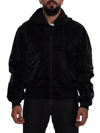 Shop Dolce & Gabbana Black Nylon Hooded Full Zip Bomber Jacket