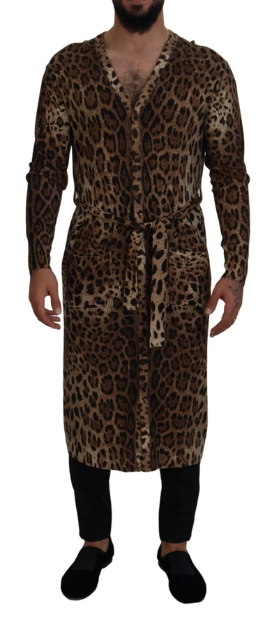 Shop Dolce & Gabbana Brown Leopard Wool Robe Cardigan Sweater