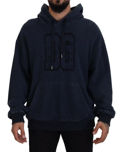 Shop Dolce & Gabbana Dark Blue Cotton Hooded Sweatshirt Sweater
