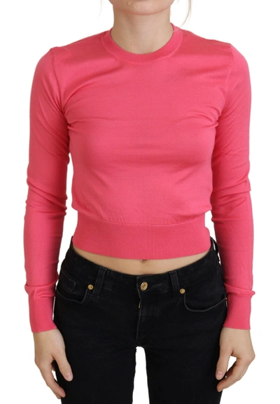 Shop Dolce & Gabbana Pink Silk Cropped Crewneck Pullover Sweater