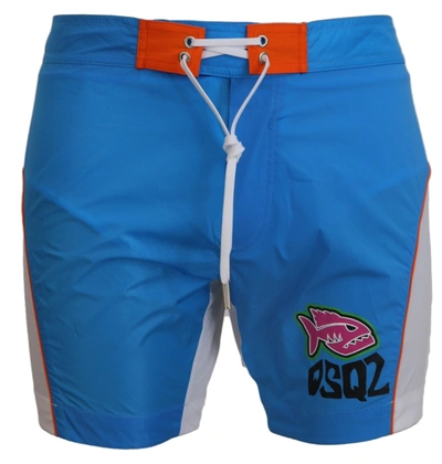 Shop Dsquared² Blue White Logo Print Men Beachwear Shorts Swimwear In Multicolor