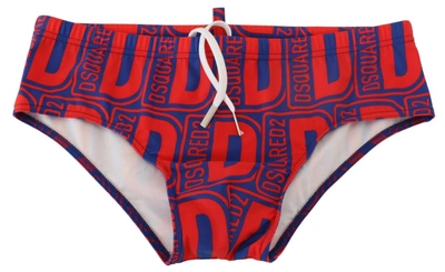 Shop Dsquared² Red Blue Logo Printed Men Swim Brief Swimwear