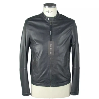 Emilio Romanelli Elegant Brown Leather Zip Jacket In Blue