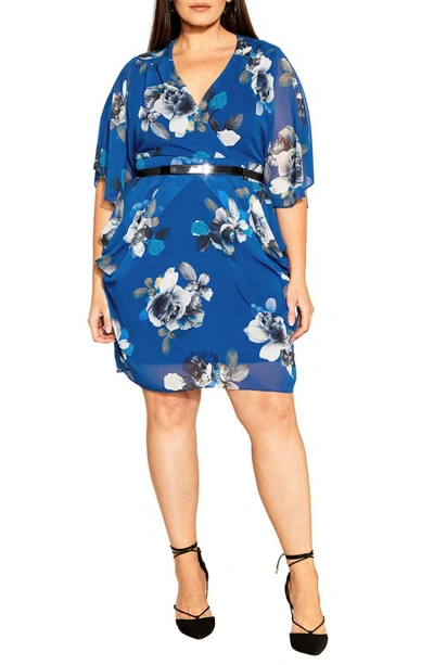 Shop City Chic Floral Print Belted Faux Wrap Dress In Monaco Blue Lg Bloom
