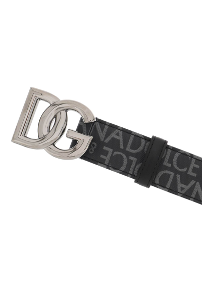 Shop Dolce & Gabbana Coated Jacquard Logo Belt With Dg Buckle In Nero Grigio (black)