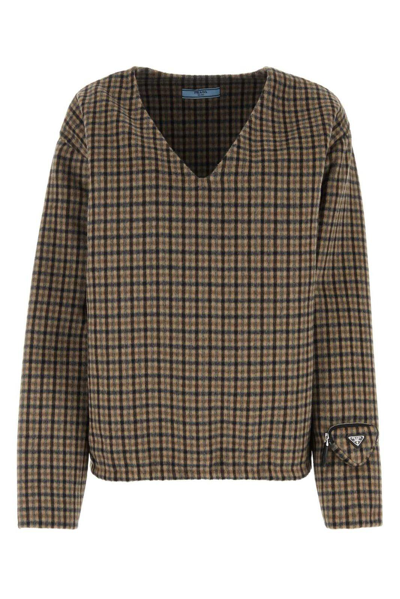 Shop Prada V-neck Checked Pullover In Tabacco