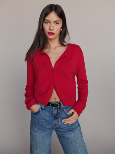 Shop Reformation Clara Cashmere Crew Cardigan In Cherry