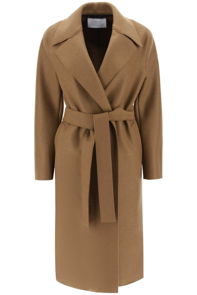 Shop Harris Wharf London Long Robe Coat In Pressed Wool And Polaire In Brown