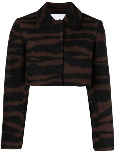 Shop Ganni Brown Tiger-jacquard Cropped Jacket - Women's - Recycled Polyester/recycled Wool In Black