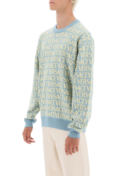 Shop Versace Monogram Cotton Sweater Men In Blue