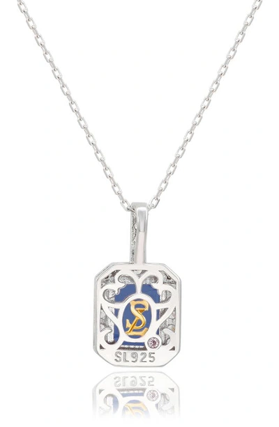 Suzy Levian Sterling Silver Emerald Cut Sapphire Pendant Necklace In Blue