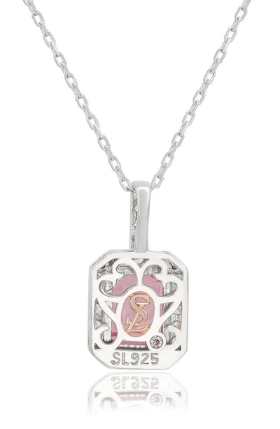 Suzy Levian Sterling Silver Emerald Cut Blue Sapphire Halo Pendant In Pink