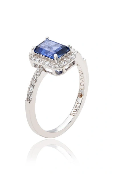 Suzy Levian Emerald Cut Sapphire Ring In Blue