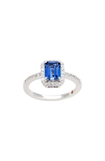 Suzy Levian Emerald Cut Sapphire Ring In Blue