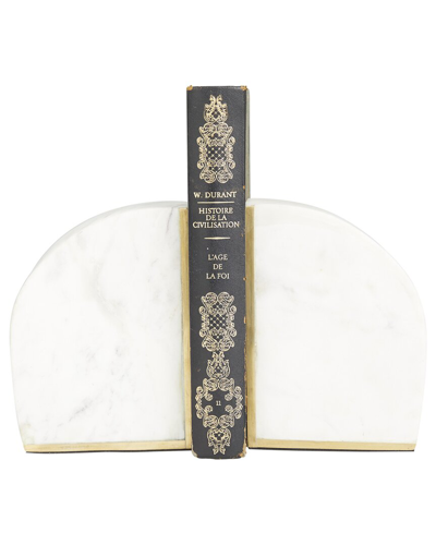 Cosmoliving By Cosmopolitan Set Of 2 Geometric White Marble Bookends With Gold Inlay In White