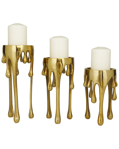 Cosmoliving By Cosmopolitan Set Of 3 Gold Aluminum Abstract Pillar Drip Candle Holder In Gold