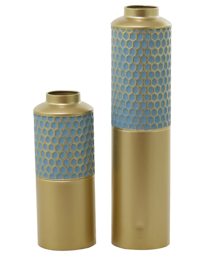 Cosmoliving By Cosmopolitan Set Of 2 Light Blue Metal Honeycomb Vase In Blue