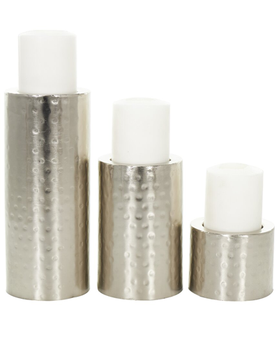 Cosmoliving By Cosmopolitan Set Of 3 Silver Metal Handmade Pillar Candle Holder In Silver