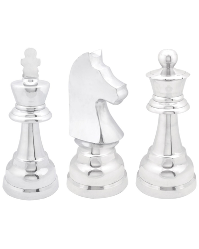 Cosmoliving By Cosmopolitan Set Of 3 Chess Silver Aluminum Sculpture With Knight, Queen And King In Silver
