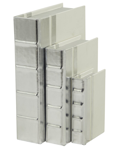 Cosmoliving By Cosmopolitan Set Of 3 Silver Faux Leather Faux Storage Book Box With Beige Cover And  In Silver