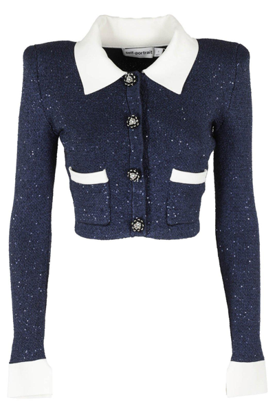 Shop Self-portrait Sequin Detailed Cropped Knitted Jacket In Blu