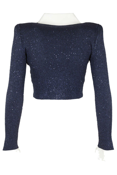 Shop Self-portrait Sequin Detailed Cropped Knitted Jacket In Blu