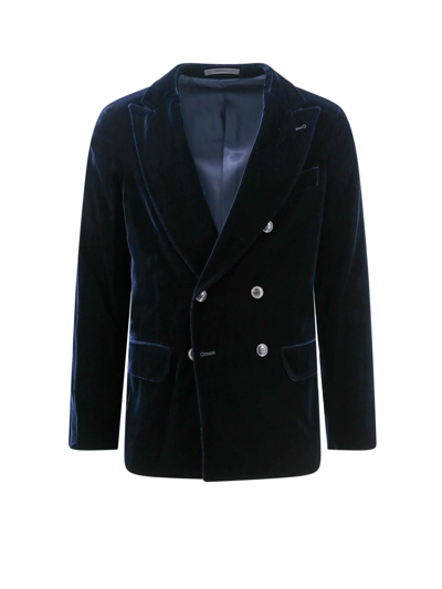 Giorgio Armani Velvet Blazer With Button Detailing And Wide Lapel In Blue