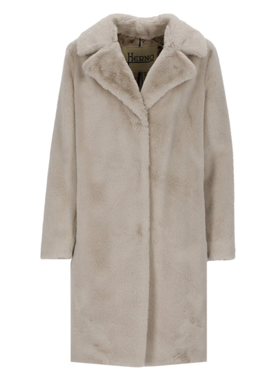 Shop Herno Faux-fur Single-breasted Long Sleeved Coat In Panna