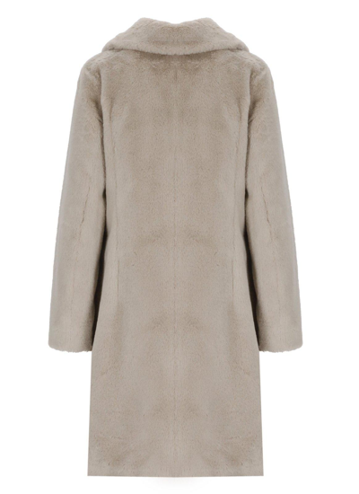 Shop Herno Faux-fur Single-breasted Long Sleeved Coat In Panna