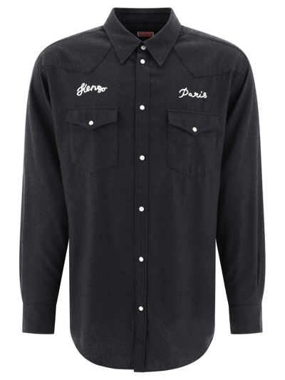 Shop Kenzo Logo Embroidered Long Sleeved Shirt In Grey