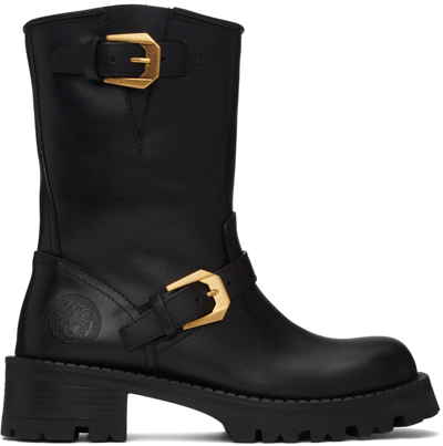 Shop Versace Black Buckled Boots In 1b00v-black-palladiu